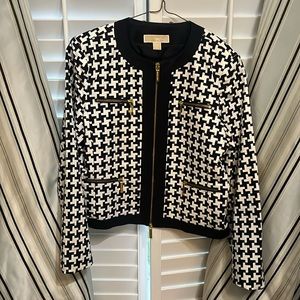 Michael Kors Houndstooth Cropped Zip Up Career Blazer Jacket Black/White 10